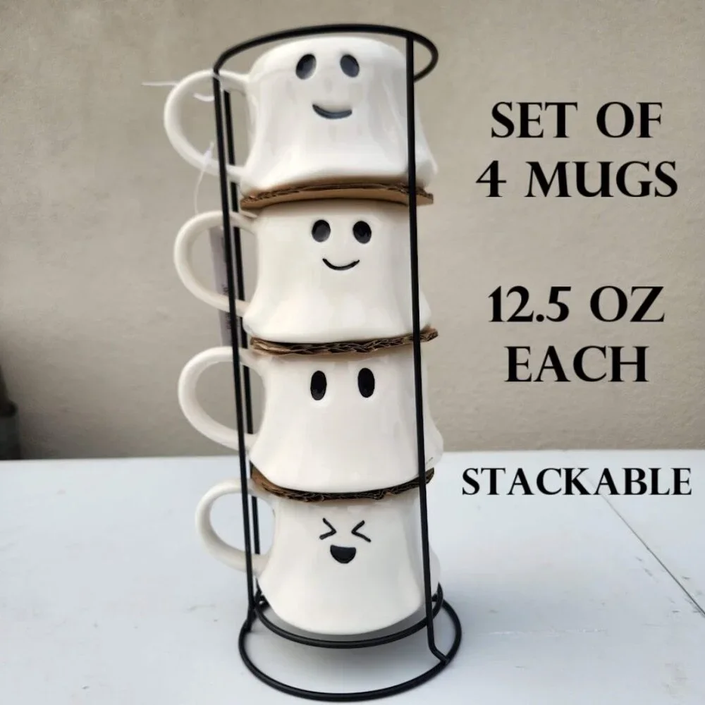 NEW Ceramic Ghost Face Mugs Mug Set of 4 Stacking Stackable White Stoneware Blac